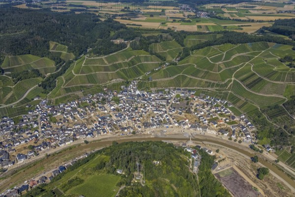 Aerial photo, flood area at the river Ahr in Dernau, Ahr valley, Rhineland-Palatinate, Germany, Ahr flood, DE, Dernau, Europe, flood disaster, flood, flood disaster, flood of the century, aerial photograph, aerial photography, aerial photography, Rech, overview, bird's-eye view, overview, flooding, flooding, flood area