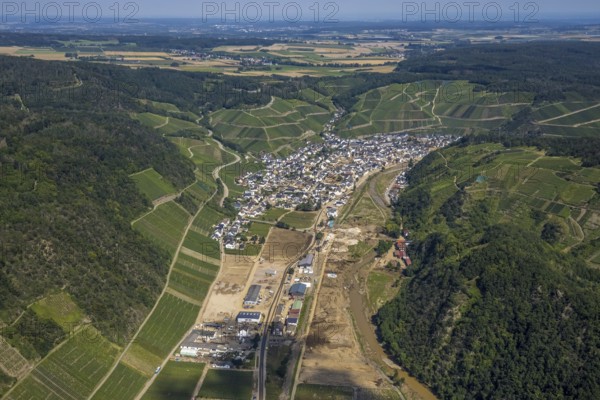 Aerial photo, flood area at the river Ahr in Dernau, Ahr valley, Rhineland-Palatinate, Germany, Ahr flood, DE, Europe, flood disaster, flood, flood disaster, flood of the century, aerial photograph, aerial photography, aerial photography, Rech, overview, bird's-eye view, overview, flooding, flooding, flood area