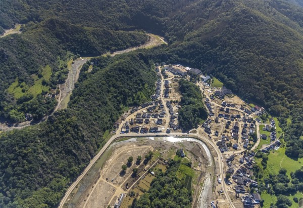 Aerial view, flood area on the river Ahr with Altenahr primary school and Maternus-Stift retirement centre in Altenahr, Ahr valley, Rhineland-Palatinate, Germany, Ahr flood, Altenahr, retirement home, old people's home, care and nursing, education, educational institution, DE, Europe, flood disaster, primary school, flood, flood disaster, flood of the century, educational institute, aerial photography, aerial photography, aerial photography, care facility, school, retirement home, retirement residence, retirement home, retirement centre, overview, bird's eye view, birds-eyes view, overview, flooding, flooding area