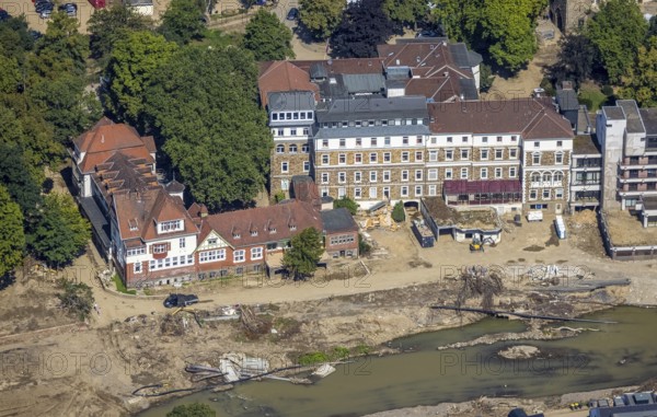 Aerial view, flood area at the river Ahr and Dr. von Ehrenwallsche Klinik in Walporzheim, Bad Neuenahr-Ahrweiler, Ahrtal, Rhineland-Palatinate, Germany, Ahr flood, DE, Europe, specialised clinic, flood disaster, health care, flood, flood disaster, hospital, flood of the century, clinic, clinic, hospital, hospital, aerial view, aerial photography, aerial photography, medical facility, medical aid, overview, bird's-eye view, overview, medical care, flooding, flood, flood area