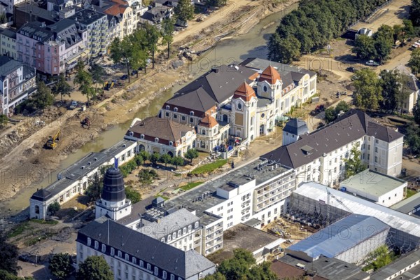 Aerial view, flood area at the river Ahr with spa hotel Bad Neuenahr and Steigenberger Hotel with destroyed bank area of the Ahr in Bad Neuenahr, Bad Neuenahr-Ahrweiler, Ahr valley, Rhineland-Palatinate, Germany, Ahr flood, DE, Europe, flood disaster, gastronomy, flood disaster, hotel, hotel facilities, hotel industry, flood of the century, spa hotel, aerial view, aerial photography, aerial photography, overview, bird's-eye view, overview, flooding, flooding, flooded area