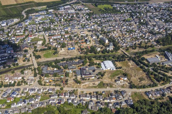 Aerial view, flood area at the river Ahr with Levana-Schule Bad Neuenahr-Ahrweiler e.V. and Erich-Kästner-Realschule plus in Bachem, Bad Neuenahr-Ahrweiler, Ahrtal, Rhineland-Palatinate, Germany, Ahrallee, Ahrhochwasser, DE, Europe, flood disaster, flood disaster of the century, aerial view, aerial photography, aerial photography, Pius-Wiese, St.-Pius-Brücke, overview, bird's-eye view, birds-eyes view, overview, flooding, flooding area