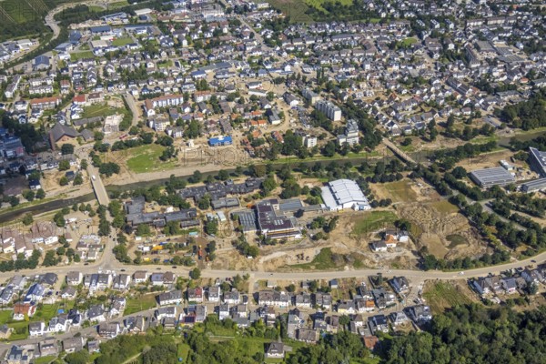 Aerial view, flood area at the river Ahr with Levana-Schule Bad Neuenahr-Ahrweiler e.V. and Erich-Kästner-Realschule plus in Bachem, Bad Neuenahr-Ahrweiler, Ahrtal, Rhineland-Palatinate, Germany, Ahrallee, Ahrhochwasser, DE, Europe, flood disaster, flood disaster of the century, aerial view, aerial photography, aerial photography, Pius-Wiese, St.-Pius-Brücke, overview, bird's-eye view, birds-eyes view, overview, flooding, flooding area