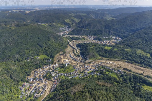 Aerial view, flooded area at the river Ahr with destroyed bridges and historical sight Burg Kreuzberg in the district Kreuzberg, Altenahr, Ahr valley, Rhineland-Palatinate, Germany, Ahr flood, castle, DE, Europe, flood disaster, flood disaster, hilltop castle, century flood, aerial view, aerial photography, aerial photography, overview, bird's-eye view, overview, flooding, flooding, flooded area