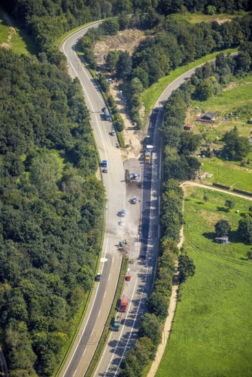 Aerial photo, flood area and construction site on the A571 motorway in Heimersheim, Bad Neuenahr-Ahrweiler, Ahr flood, Ahr valley, Rhineland-Palatinate, Germany, motorway, construction work, construction area, construction site, construction project, construction site, DE, Europe, flood of the century, aerial photo, aerial photography, aerial photography, overview, bird's-eye view, bird's-eye view, overview