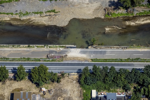 Aerial view, flood area at the river Ahr and destroyed country road B266 in Heimersheim, Bad Neuenahr-Ahrweiler, Ahr flood, Ahr valley, Rhineland-Palatinate, Germany, DE, Europe, flood of the century, aerial photograph, aerial photography, aerial photography, overview, bird's-eye view, overview