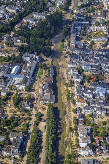 Aerial view, flood area at the river Ahr with spa hotel Bad Neuenahr and Steigenberger Hotel as well as Georg-Kreuzberg-Straße in Bad Neuenahr-Ahrweiler, Ahr valley, Rhineland-Palatinate, Germany, Ahr flood, Bad Neuenahr-Ahrweiler, DE, Europe, flood disaster, gastronomy, flood disaster, hotel, hotel facilities, hotel industry, flood of the century, spa hotel, aerial view, aerial photography, aerial photography, overview, bird's-eye view, overview, flooding, flooding, flooded area