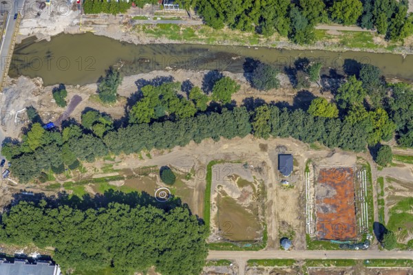 Aerial view, flood area at the river Ahr with destroyed HTC Bad Neuenahr tennis facility in Bad Neuenahr, Bad Neuenahr-Ahrweiler, Ahr flood, Ahr valley, Rhineland-Palatinate, Germany, DE, Europe, indoor swimming pool, hockey and tennis club Bad Neuenahr, flood of the century, aerial view, aerial photography, aerial photography, sports, tennis, tennis facility, tennis courts, overview, bird's-eye view, overview