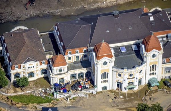 Aerial view, flood area at the river Ahr with spa hotel Bad Neuenahr and furniture on the terrace in Bad Neuenahr-Ahrweiler, Ahr valley, Rhineland-Palatinate, Germany, Ahr flood, Bad Neuenahr-Ahrweiler, DE, Europe, flood disaster, flood disaster of the century, spa hotel, aerial view, aerial photography, aerial photography, overview, bird's-eye view, overview, flooding, flooding, flood area