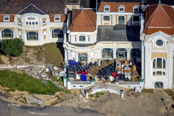 Aerial view, flood area at the river Ahr with spa hotel Bad Neuenahr and furniture on the terrace in Bad Neuenahr-Ahrweiler, Ahr valley, Rhineland-Palatinate, Germany, Ahr flood, Bad Neuenahr-Ahrweiler, DE, Europe, flood disaster, flood disaster of the century, spa hotel, aerial view, aerial photography, aerial photography, overview, bird's-eye view, overview, flooding, flooding, flood area