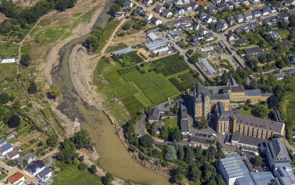 Aerial view, flood area at the river Ahr and monastery with pilgrimage church Calvarienberg in Walporzheim, Bad Neuenahr-Ahrweiler, Ahr valley, Rhineland-Palatinate, Germany, Ahr flood, place of worship, DE, Europe, flood disaster, religious community, place of worship, holy place, flood, flood disaster, flood of the century, church, church community, monastery, denomination, aerial view, aerial photography, aerial photography, religion, religious site, overview, bird's-eye view, overview, flooding, flooding, flooded area