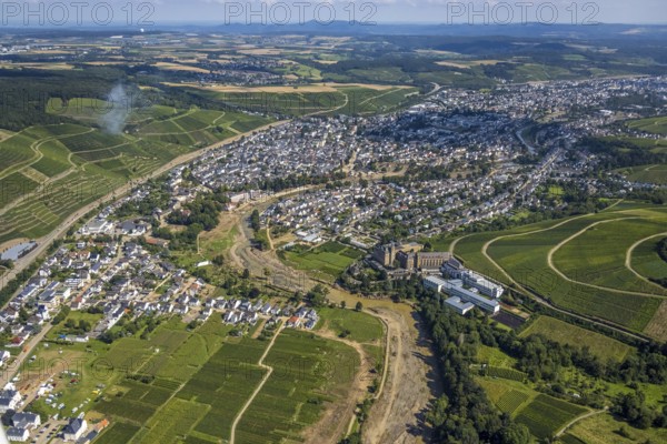 Aerial view, flood area at the river Ahr and Dr. von Ehrenwall's clinic and monastery with Calvarienberg pilgrimage church and Calvarienberg grammar school in Walporzheim, Bad Neuenahr-Ahrweiler, Ahr valley, Rhineland-Palatinate, Germany, Ahr flood, place of worship, DE, Europe, specialised clinic, flood disaster, healthcare, religious community, place of worship, holy site, flood, flood disaster, hospital, flood of the century, church, church community, clinic, clinic centre, monastery, denomination, hospital, hospital, aerial view, aerial photography, aerial photography, medical facility, medical aid, religion, religious site, overview, bird's-eye view, overview, medical care, flooding, flood, flood area