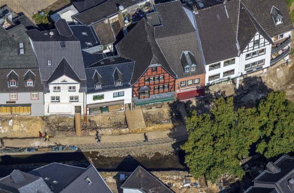 Aerial view, historic old town flood area with destroyed bank area of the river Erft after Erft flood in Bad Münstereifel, Ahr flood, Ahr valley, North Rhine-Westphalia, Germany, Bad Münstereifel, DE, Erft flood, Europe, flood disaster, flood, flood disaster, flood of the century, aerial view, aerial photography, aerial photography, overview, bird's-eye view, overview, flooding, flooding, flood area