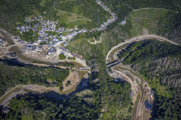 Aerial view, flood area at the river Ahr with destroyed bridges and tunnel entrances in Altenahr, Ahr valley, Rhineland-Palatinate, Germany, Ahr flood, Altenahr, DE, Europe, flood disaster, flood, flood disaster, flood of the century, aerial photograph, aerial photography, aerial photography, overview, bird's-eye view, overview, flooding, flooding, flood area