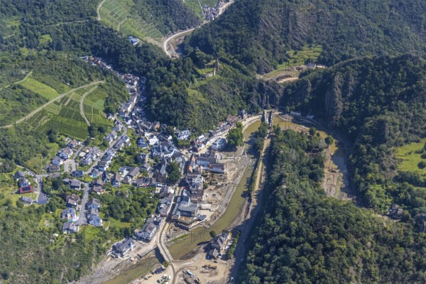 Aerial view, flood area at the river Ahr with destroyed bridges and tunnel entrances in Altenahr, Ahr valley, Rhineland-Palatinate, Germany, Ahr flood, Altenahr, DE, Europe, flood disaster, flood, flood disaster, flood of the century, aerial photograph, aerial photography, aerial photography, overview, bird's-eye view, overview, flooding, flooding, flood area