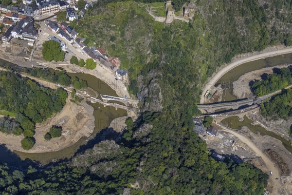 Aerial view, flood area at the river Ahr with destroyed bridges and tunnel entrances in Altenahr, Ahr valley, Rhineland-Palatinate, Germany, Ahr flood, Altenahr, DE, Europe, flood disaster, flood, flood disaster, flood of the century, aerial photograph, aerial photography, aerial photography, overview, bird's-eye view, overview, flooding, flooding, flood area
