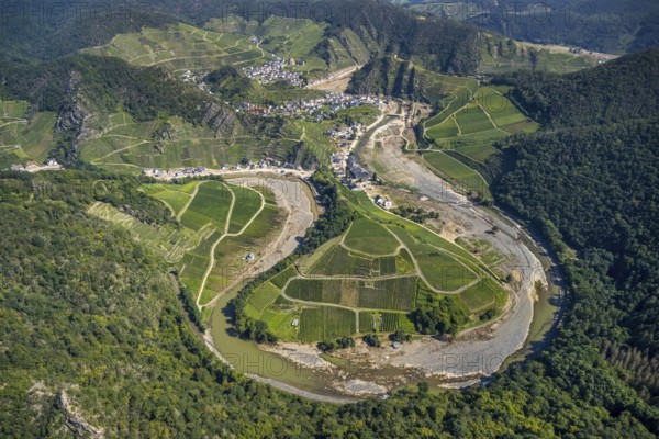 Aerial view, flood area at the river Ahr at vineyards in the districts Laach, Lochmühle and Mayschoß in Altenahr, Ahr valley, Rhineland-Palatinate, Germany, Ahr flood, Ahrschleife, Altenahr, DE, Europe, flood disaster, flood disaster, flood of the century, aerial view, aerial photography, aerial photography, overview, bird's eye view, vineyards, birds-eyes view, overview, flooding, flood area