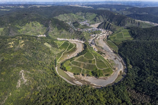 Aerial view, flood area at the river Ahr at vineyards in the districts Laach, Lochmühle and Mayschoß in Altenahr, Ahr valley, Rhineland-Palatinate, Germany, Ahr flood, Ahrschleife, Altenahr, DE, Europe, flood disaster, flood disaster of the century, aerial view, aerial photography, aerial photography, Mayschoß, overview, bird's eye view, vineyards, birds-eyes view, overview, flooding, flood area