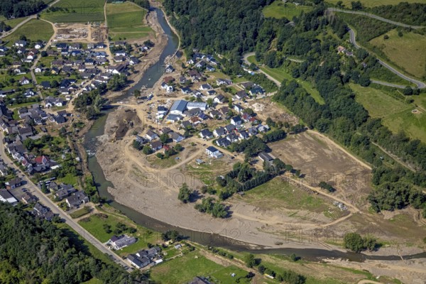 Aerial photograph, flood area at the river Ahr in Insul, Ahr valley, Rhineland-Palatinate, Germany, Ahr flood, mountains and valleys, DE, Dümpelfeld, Europe, flood disaster, flood, flood disaster, hilly landscape, flood of the century, aerial photograph, aerial photography, aerial photography, guilt, overview, bird's-eye view, overview, flooding, flooding, flood area