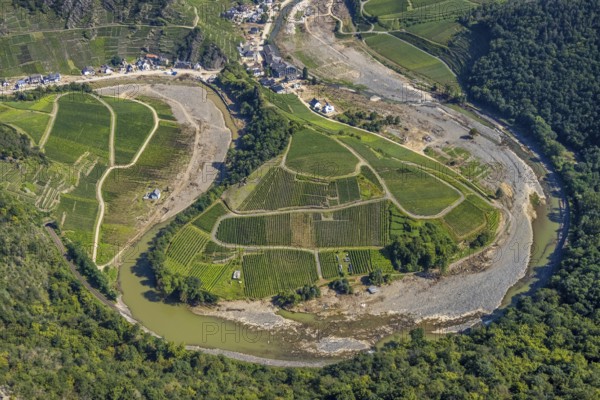 Aerial view, flood area at the river Ahr at vineyards in the districts Laach, Lochmühle and Mayschoß in Altenahr, Ahr valley, Rhineland-Palatinate, Germany, Ahr flood, Ahrschleife, Altenahr, DE, Europe, flood disaster, flood disaster, flood of the century, aerial view, aerial photography, aerial photography, overview, bird's eye view, vineyards, birds-eyes view, overview, flooding, flood area