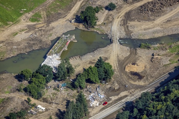 Aerial view, flood area at the river Ahr with destroyed bridge in Hönningen, Ahr flood, Ahr valley, Rhineland-Palatinate, Germany, bridge, DE, Europe, Hönningen, flood of the century, aerial view, aerial photography, aerial photography, overview, bird's-eye view, overview