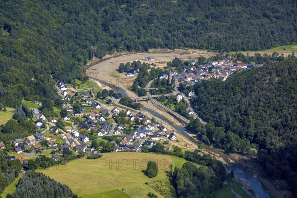 Aerial view, flood area at the river Ahr with bridge Kapellenstraße and catholic parish church St. Kunibert in Hönningen, Ahr valley, Rhineland-Palatinate, Germany, Ahr flood, place of worship, bridge, DE, Europe, flood disaster, religious community, place of worship, holy site, flood disaster, Hönningen, flood of the century, church, parish, denomination, aerial photograph, aerial photography, aerial photography, religion, religious site, overview, bird's-eye view, birds-eyes view, overview, flooding, flooding, flooded area