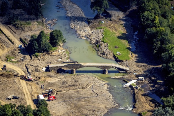 Aerial view, flood area at the river Ahr with destroyed bridge in the district of Dümpelfeld, Adenau, Ahr valley, Rhineland-Palatinate, Germany, Ahr flood, bridges, DE, Europe, flood disaster, flood, flood disaster, Insul, flood of the century, aerial view, aerial photography, aerial photography, overview, bird's-eye view, overview, flooding, flooding, flood area