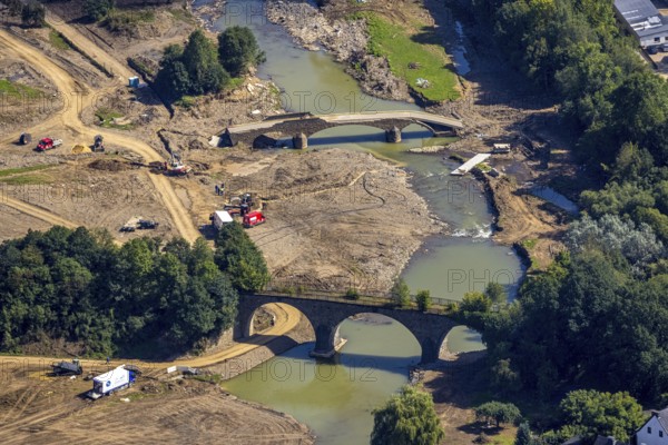 Aerial view, flood area at the river Ahr with destroyed bridge in the district of Dümpelfeld, Adenau, Ahr valley, Rhineland-Palatinate, Germany, Ahr flood, bridges, DE, Europe, flood disaster, flood, flood disaster, Insul, flood of the century, aerial view, aerial photography, aerial photography, overview, bird's-eye view, overview, flooding, flooding, flood area