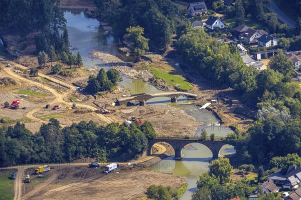 Aerial view, flood area at the river Ahr with destroyed bridge in the district of Dümpelfeld, Adenau, Ahr valley, Rhineland-Palatinate, Germany, Ahr flood, bridges, DE, Europe, flood disaster, flood, flood disaster, Insul, flood of the century, aerial view, aerial photography, aerial photography, overview, bird's-eye view, overview, flooding, flooding, flood area