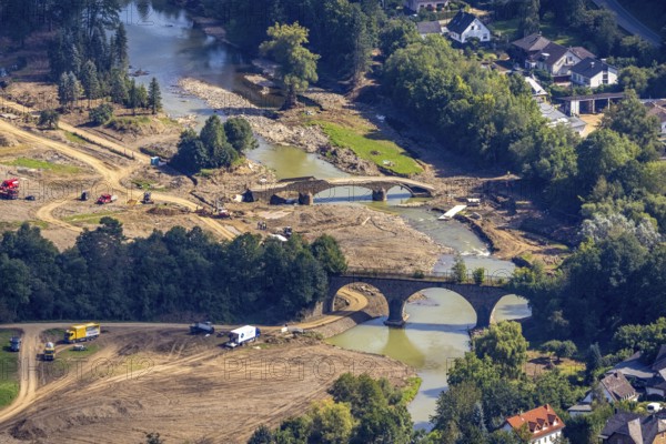 Aerial view, flood area at the river Ahr with destroyed bridge in the district of Dümpelfeld, Adenau, Ahr valley, Rhineland-Palatinate, Germany, Ahr flood, bridges, DE, Europe, flood disaster, flood, flood disaster, Insul, flood of the century, aerial view, aerial photography, aerial photography, overview, bird's-eye view, overview, flooding, flooding, flood area