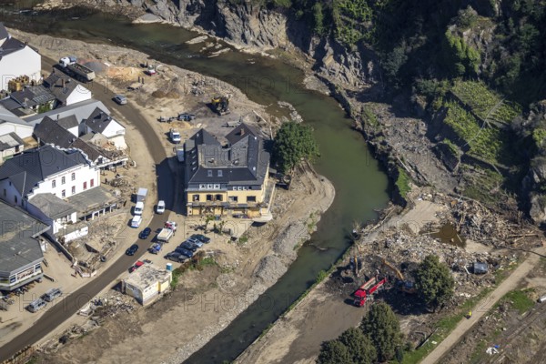 Aerial view, flood area at the river Ahr and destroyed Gasthof zur Saffenburg in Mayschoß, Ahr valley, Rhineland-Palatinate, Germany, Ahr flood, café, DE, food and drink, Europe, flood disaster, inn, restaurant, gastronomy, flood, flood disaster, hotel, flood of the century, aerial view, aerial photography, aerial photography, Mayschoß, restaurant, overview, bird's-eye view, birds-eyes view, overview, destroyed building, flooding, flooding, flooded area