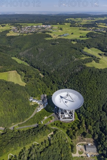 Aerial photograph, Effelsberg radio telescope in the Ahr Mountains in Holzem, Bad Münstereifel, Ahr flood, Ahr Valley, North Rhine-Westphalia, Germany, DE, Eifel part of the Ahr Mountains, Europe, large telescope, hilly landscape, cosmos observation, aerial photograph, aerial photography, aerial photography, Max Planck Institute for Radio Astronomy, radio astronomy, radio telescope, overview, bird's-eye view, forest area, space research, birds-eyes view, overview