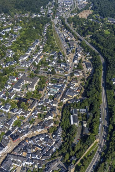 Aerial view, Erft flood in the old town centre with destroyed bank area of the Erft as well as the Marienheim retirement home and Römerwall Wallgasse in Bad Münstereifel, Ahr flood, Ahr valley, North Rhine-Westphalia, Germany, Bad Münstereifel, DE, Europe, flood of the century, aerial view, aerial photography, aerial photography, overview, bird's-eye view, overview