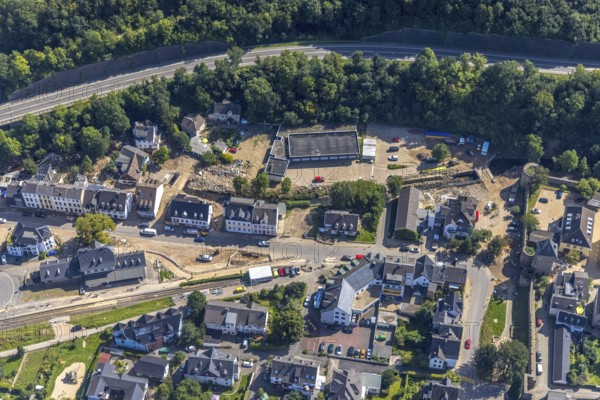 Aerial view, railway station in Bad Münstereifel, Ahr flood, Ahr valley, North Rhine-Westphalia, Germany, Bad Münstereifel, railway tracks, railway station, DE, Deutsche Bahn AG, Erfthochwasser, Europe, flood disaster, flood, flood disaster of the century, aerial photograph, aerial photography, aerial photography, overview, bird's-eye view, living and life, birds-eyes view, overview, flooding, flooding, flooding area