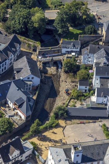 Aerial view, flood area of the historic old town with destroyed bank area of the river Erft after Erft flood in Bad Münstereifel, Ahr flood, Ahr valley, North Rhine-Westphalia, Germany, Bad Münstereifel, DE, Erft flood, Europe, flood disaster, flood, flood disaster of the century, aerial photograph, aerial photography, aerial photography, overview, bird's-eye view, overview, flooding, flooding, flood area
