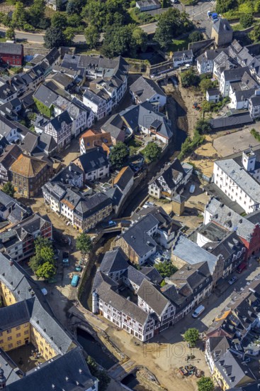 Aerial view, historic old town flood area with destroyed bank area of the river Erft after Erft flood in Bad Münstereifel, Ahr flood, Ahr valley, North Rhine-Westphalia, Germany, Bad Münstereifel, DE, Erft flood, Europe, flood disaster, flood, flood disaster, flood of the century, aerial view, aerial photography, aerial photography, overview, bird's-eye view, overview, flooding, flooding, flood area