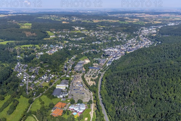 Aerial photograph, flood area after Erfth flood and view of Bad Münstereifel, Ahr flood, Ahr valley, North Rhine-Westphalia, Germany, Bad Münstereifel, DE, Erfthochwasser, Europe, flood disaster, flood disaster, flood of the century, aerial photograph, aerial photography, aerial photography, overview, bird's-eye view, overview, flooding, flooding, flood area