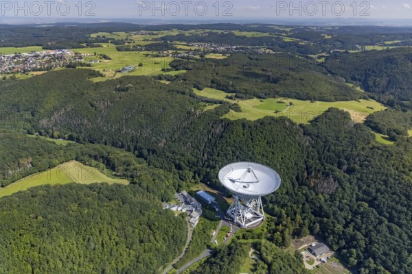 Aerial photograph, Effelsberg radio telescope in the Ahr Mountains in Holzem, Bad Münstereifel, Ahr flood, Ahr Valley, North Rhine-Westphalia, Germany, DE, Eifel part of the Ahr Mountains, Europe, large telescope, hilly landscape, cosmos observation, aerial photograph, aerial photography, aerial photography, Max Planck Institute for Radio Astronomy, radio astronomy, radio telescope, overview, bird's-eye view, forest area, space research, birds-eyes view, overview