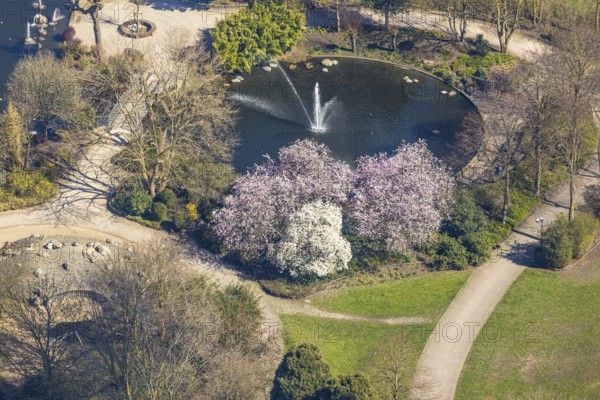 Aerial view, fountain in HeubergPark, Wesel, Ruhr area, Lower Rhine, North Rhine-Westphalia, Germany, fountain, DE, Europe, green spaces, aerial view, aerial photography, aerial photography, park, pond, overview, bird's-eye view, overview