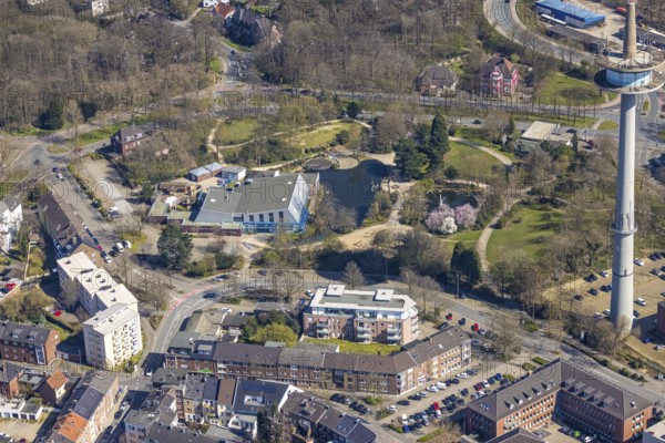 Aerial view, HeubergPark with HeubergBad and television tower, Wesel, Ruhr area, Lower Rhine, North Rhine-Westphalia, Germany, bathing establishment, bathing resort, DE, Europe, television tower, indoor swimming pool, aerial view, aerial photography, aerial photography, park, spectacle, swimming pool, lake, sight, pond, tower, overview, bird's-eye view, overview