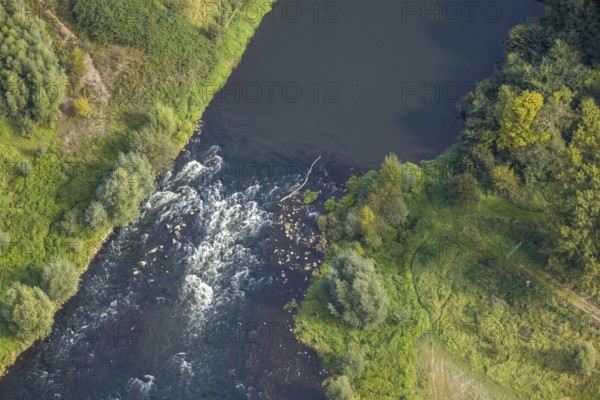 Aerial view, river Lippe water vortex at the Lippeschlösschen in the district Fusternberg in Wesel, Lower Rhine, North Rhine-Westphalia, Germany, bridge, DE, railway bridge, Europe, aerial view, aerial photography, aerial photography, overview, bird's-eye view, water vortex, Wesel, birds-eyes view, overview