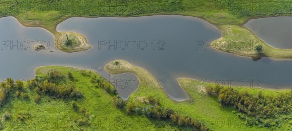 Aerial photograph, renaturation of the Lippe estuary in the nature reserve and Büdericher Insel in Wesel, Lower Rhine, North Rhine-Westphalia, Germany, Büdericher Insel, DE, Europe, shapes and colours, Lippe floodplain, Lippe Association, aerial photograph, aerial photography, aerial photography, nature reserve, Lippe estuary nature reserve, overview, bird's-eye view, Wesel, bird's-eye view, overview, renaturated river