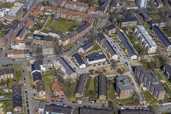 Aerial view, new development area Dresdner Straße, Leipziger Straße, Zitadellenviertel, Wesel, Ruhr area, Lower Rhine, North Rhine-Westphalia, Germany, DE, Europe, property tax, real estate, aerial view, aerial photography, aerial photography, apartment buildings, apartment blocks, overview, bird's-eye view, residential complex, living and living, residential area, residential buildings, residential quality, residential neighbourhood, housing estate, birds-eyes view, overview