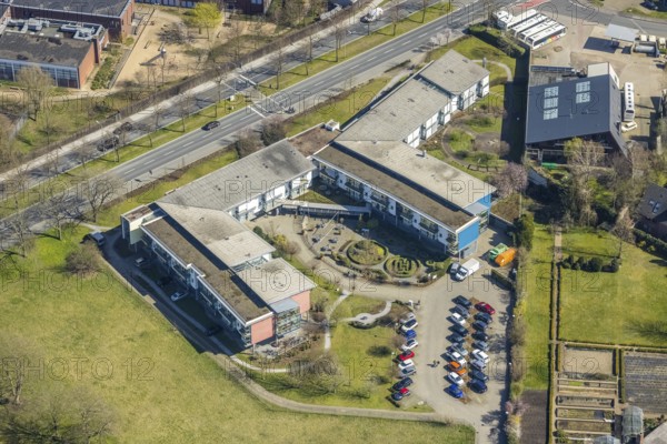 Aerial view, Nikolaus-Stift retirement home, artistic garden green space, Wesel, Ruhr area, Lower Rhine, North Rhine-Westphalia, Germany, retirement home, nursing home, care and nursing, DE, Europe, shapes and colours, green space, art, aerial view, aerial photography, aerial photography, care facility, retirement home, retirement residence, retirement home, senior citizens' centre, overview, bird's eye view, birds-eyes view, overview, pro homine