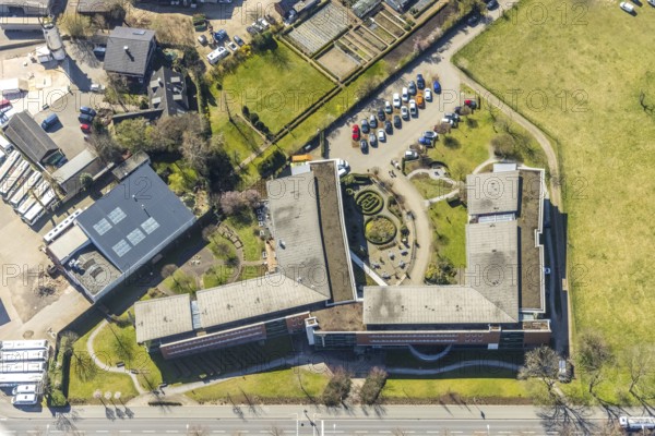 Aerial view, Nikolaus-Stift retirement home, artistic garden green space, Wesel, Ruhr area, Lower Rhine, North Rhine-Westphalia, Germany, retirement home, nursing home, care and nursing, DE, Europe, shapes and colours, green space, art, aerial view, aerial photography, aerial photography, care facility, retirement home, retirement residence, retirement home, senior citizens' centre, overview, bird's eye view, birds-eyes view, overview, pro homine