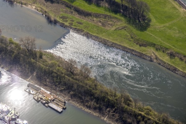 Aerial view, weir of the Lippe at the mouth of the Lippe, Wesel, Ruhr area, Lower Rhine, North Rhine-Westphalia, Germany, DE, Europe, river Lippe, aerial view, aerial photography, aerial photography, overview, riverbank area, bird's-eye view, overview