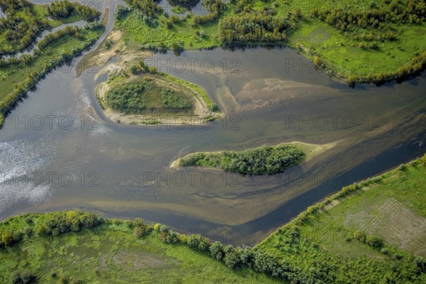 Aerial photograph, renaturalisation of the Lippe estuary in the nature reserve and Büdericher Insel in Wesel, Lower Rhine, North Rhine-Westphalia, Germany, Büdericher Insel, DE, Europe, Lippe floodplain, Lippeverband, aerial photograph, aerial photography, aerial photography, NSG, nature reserve Lippemündung, overview, bird's eye view, Wesel, birds-eyes view, overview, renaturalised river