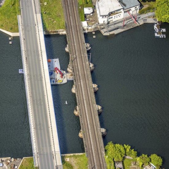 Aerial view, construction site Obergrabenbrücke Friedrichstraße and railway bridge over the river Ruhr with swan in flight, weather, Ruhr area, North Rhine-Westphalia, Germany, DE, Europe, aerial view, aerial photography, aerial photography, swan in flight, animals, overview, bird's-eye view, overview