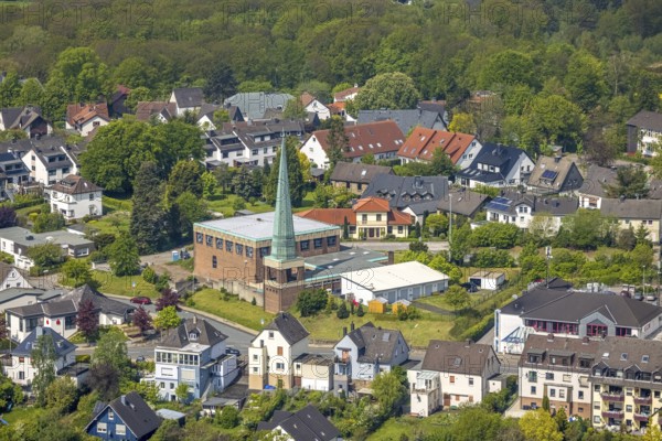 Aerial view, Christuskirche Grundschöttel, Oberwengern, Wetter, Ruhr area, North Rhine-Westphalia, Germany, place of worship, DE, Europe, religious community, place of worship, holy place, church, parish, denomination, aerial photograph, aerial photography, aerial photography, religion, religious site, overview, bird's-eye view, overview