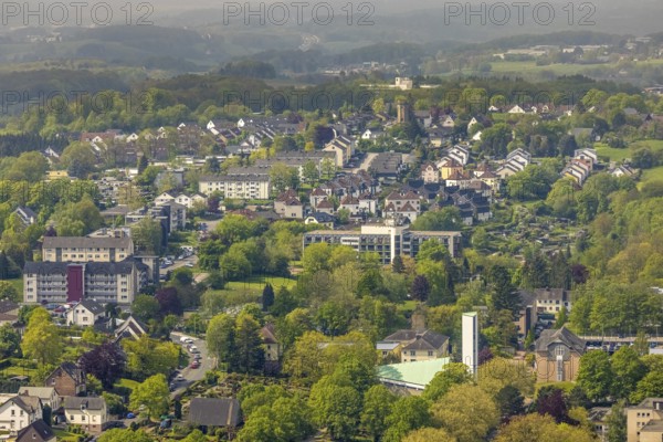 Aerial view, St Martin's Church and local view Volmarstein, Wetter, Ruhr area, North Rhine-Westphalia, Germany, place of worship, DE, Europe, religious community, place of worship, holy place, church, parish, denomination, aerial photograph, aerial photography, aerial photography, religion, religious site, overview, bird's-eye view, overview